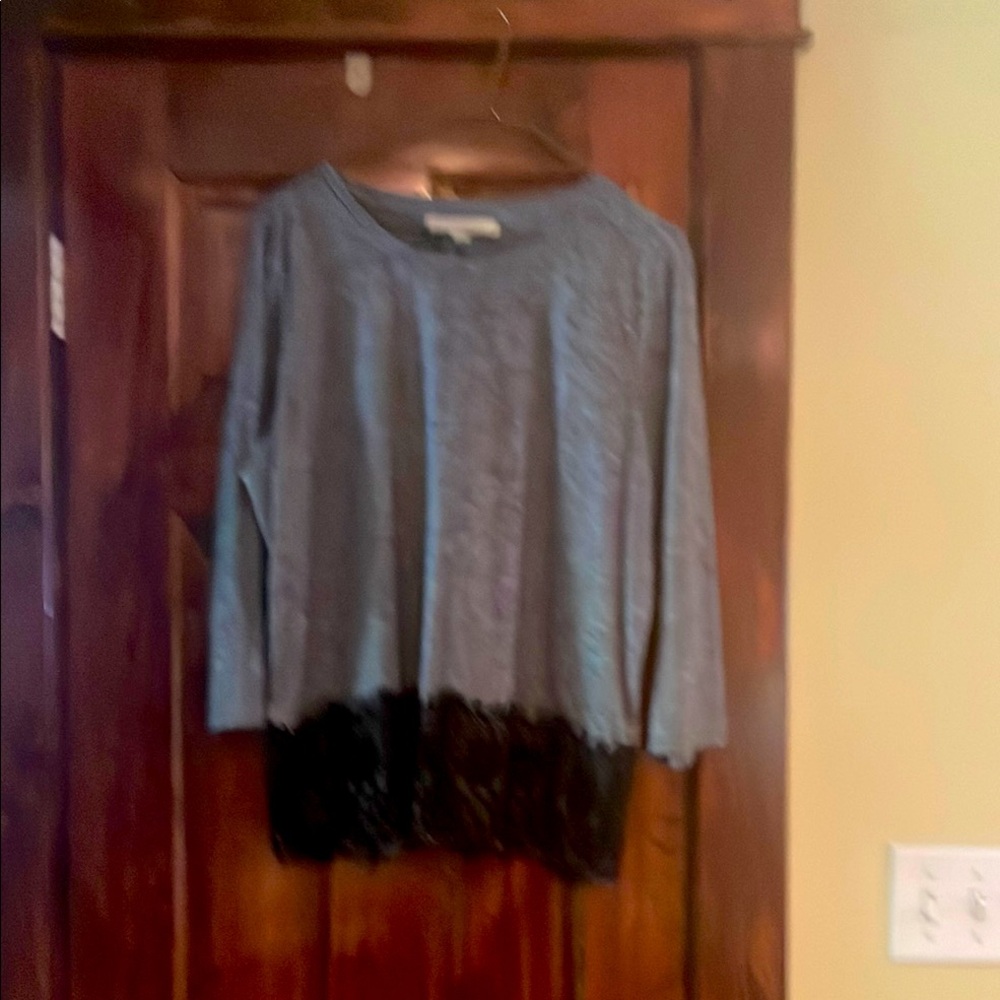 LOFT Gray and Black Boxy Embellished Blouse